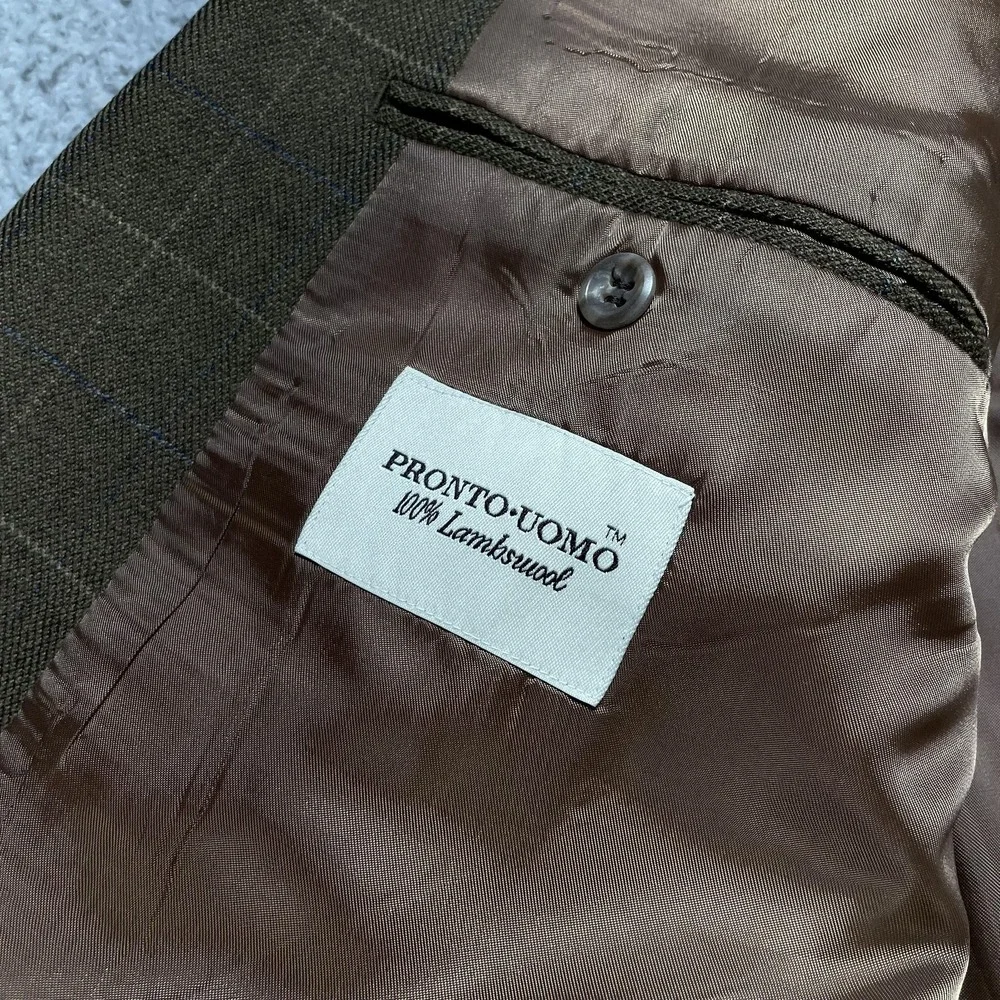Pronto‎ Uomo Sport Coat Mens 54L Brown Windowpane Plaid Lambswool Tweed Blazer